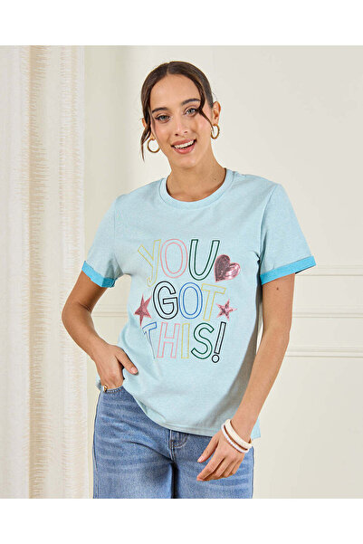 REDTAG Women Blue Embellished Jersey Top