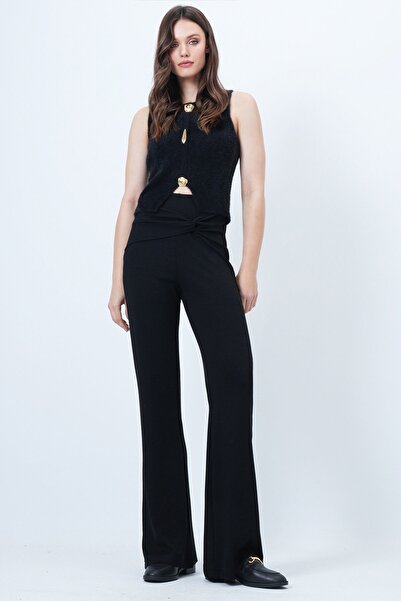 Trend Alaçatı Stili Pantaloni modal negri pentru femei cu detaliu cu nod în talie VS01521