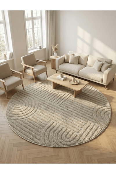 Anaska Home Modern Yuvarlak Bej Halı Organik Çizgili Kabartma Dokulu Salon & ...