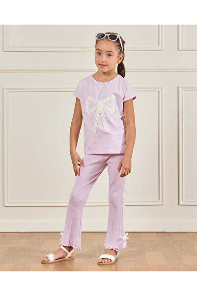 REDTAG Girls Lilac Bow Lace Legging 2- Piece Set