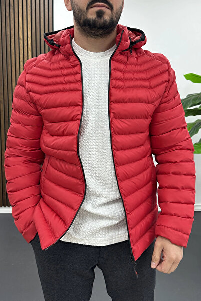 Edwox Men's Slim Fit Hooded Puffer Jacket Red Edw435