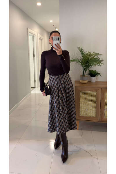 BİRCANÇİL Fusta cu pliuri asimetrice în carouri maro Bers