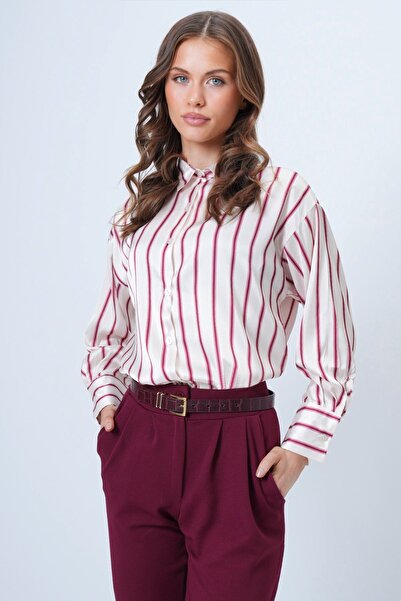 Trend Alaçatı Stili Women's Burgundy Striped Satin Shirt Vs01384