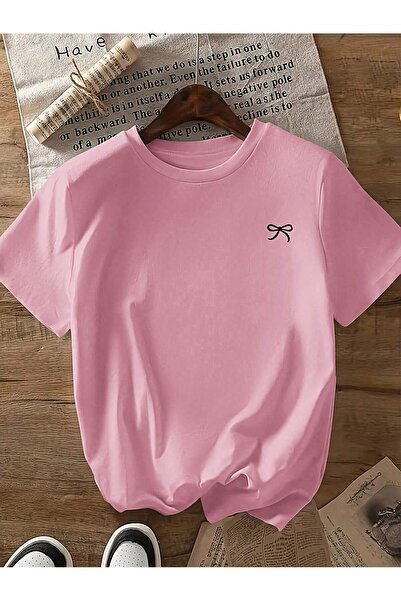 ZİYMO Tricou de damă cu imprimeu cu fundă și decolteu tip crew