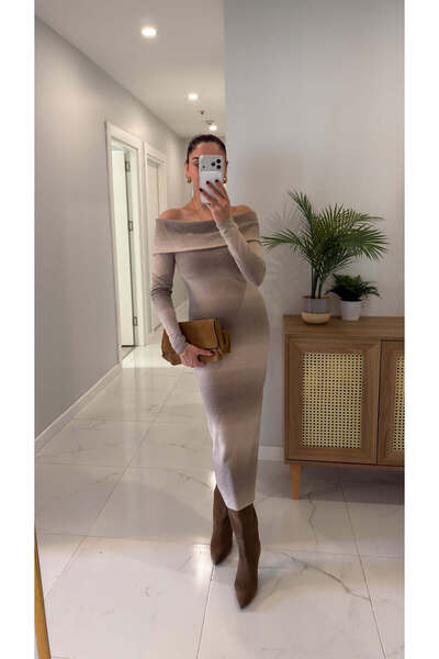 BİRCANÇİL Periya Beige Madonna Collar Patterned Dress