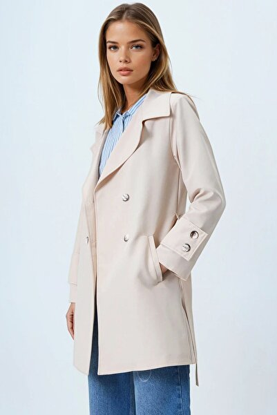 Trend Alaçatı Stili Women's Beige Double-Breasted Collar Tie Lined Trench Coat Vs00842