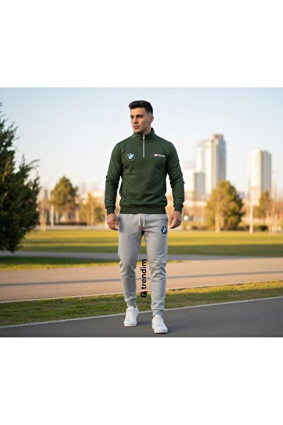 NewCabin Half Zippered Bmw Printed Cotton Khaki Green Sweatshirt - Cotton Gra...