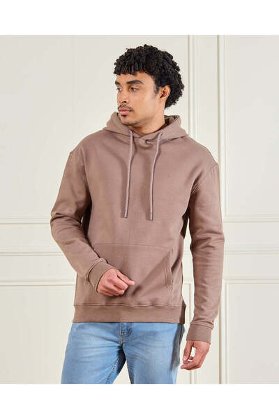 REDTAG Men Beige Hoodeed Lounge Sweatshirt
