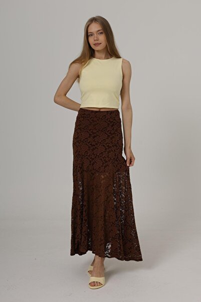Trend Alaçatı Stili Women's Brown Elastic Waist Lined Lace Embroidered Midi L...