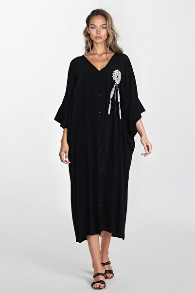 Trend Alaçatı Stili Women's Black Embroidered Buttoned Plus Size Dress Vs00323