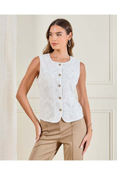 REDTAG Women Ivory Button Detailed Crochet Top