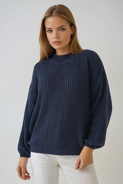 Trend Alaçatı Stili Women's Navy Blue Half Turtleneck Off Shoulder Thick Knitted Sweater Vs00994