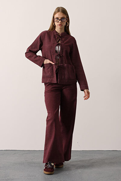 Trend Alaçatı Stili Women's Burgundy Judge Collar Lace-Up Blouse and Elastic Waist Trousers Set Vs01259