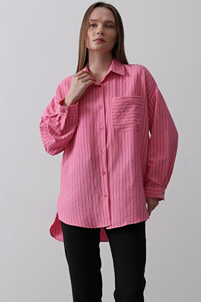 Trend Alaçatı Stili Women's Pink Striped Single Pocket Oversize Shirt Vs00475
