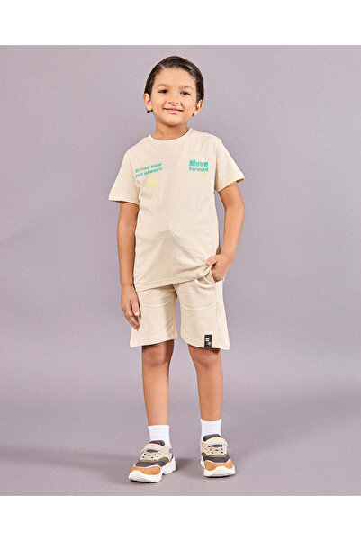 REDTAG Boys Beige Move Forward T-Shirt With Short Set (2 Piece)