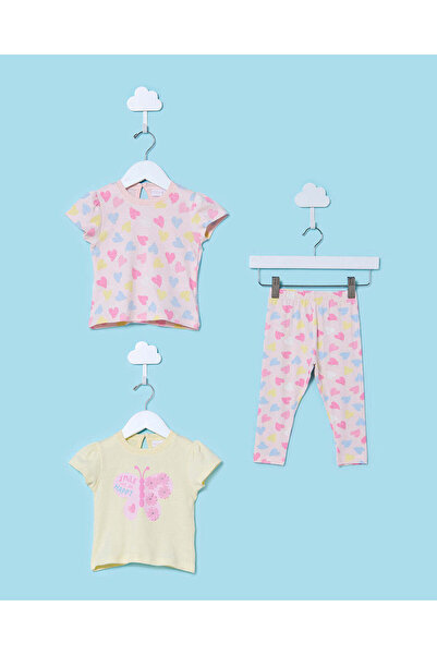 REDTAG Infant Girls Yellow And Pink T-Shirt With Leggings (3 Piece)