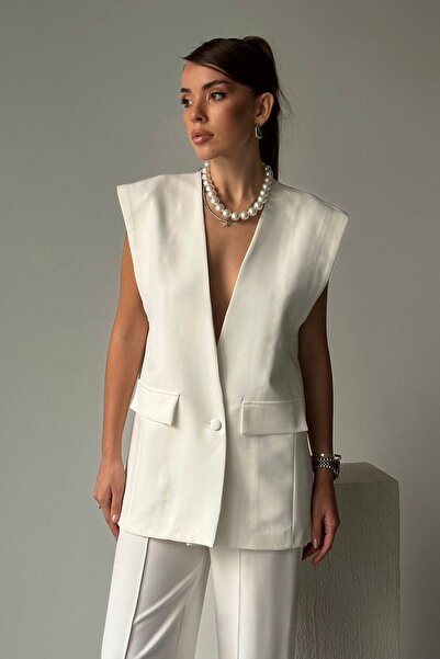 Trend Alaçatı Stili Vestă supradimensionată pentru femei, albă, cu un singur nasture, cu buzunare, Vs00679