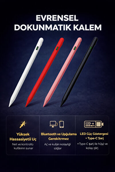 Coverzone Universal Dokunmatik Stylus Kalem Type-C Şarjlı LED Göstergeli Hass...