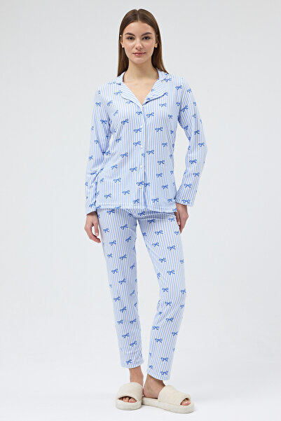 Rays Blue Bow Patterned Pajama Set 3412