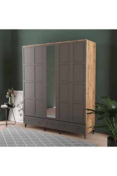 Teen & Bright TOPRAK 5 KAPAKLI ÇEKMECELİ GARDIROP - MDF KAPAK