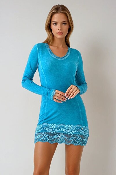 Trend Alaçatı Stili Women's Blue U-Neck Lace Detailed Long Sleeve Mini Dress ...