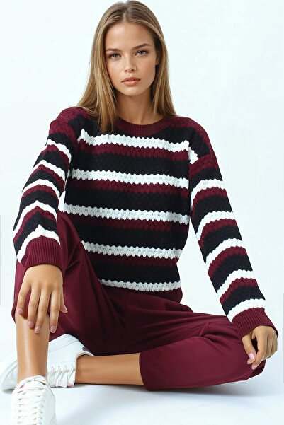 Trend Alaçatı Stili Women's Burgundy Crew Neck Striped Patterned Knitwear Sweater Vs01041