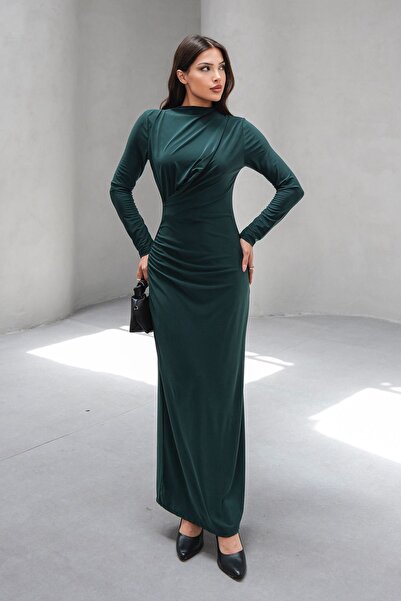 Trend Alaçatı Stili Women's Emerald Green Judge Collar Drape Detailed Lined L...