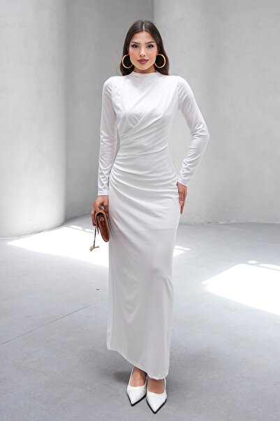 Trend Alaçatı Stili Women's White Judge Collar Drape Detailed Lined Long Dres...