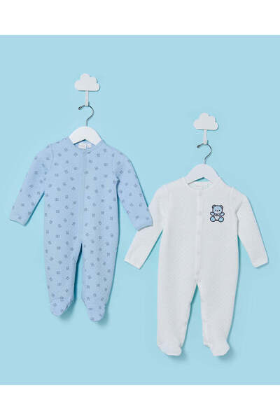REDTAG Baby Blue And White Jacquard Sleepsuit Set (2 Piece)