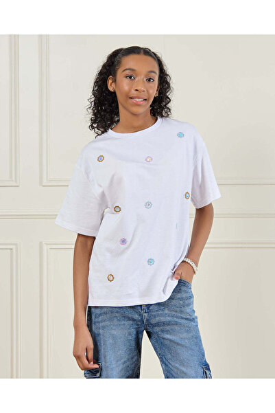 REDTAG Senior Girls White Embroidered T-Shirt