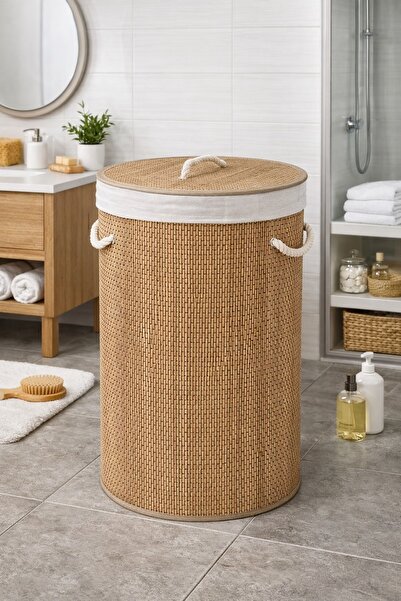 Evila Bambu Yuvarlak Çamaşır Sepeti 60x35 cm – Çok Amaçlı Sepet