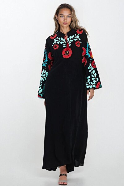 Trend Alaçatı Stili Women's Black Lacing Detailed Y Slit Ernik Patterned Dress Vs00288