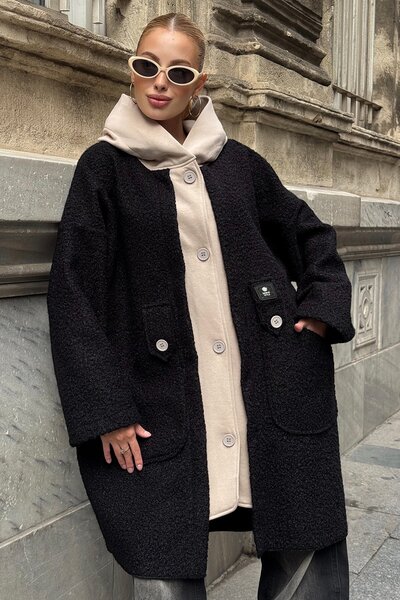 Trend Alaçatı Stili Women's Black Hooded Double Pockets Button Closure Unlined Coat Vs01288