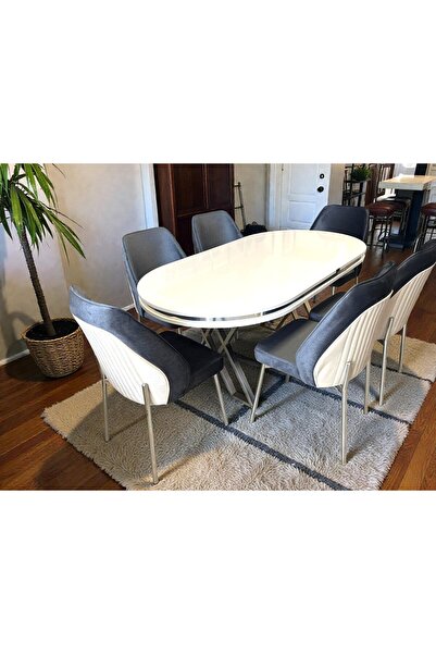 MSY HOME 6 Kişilik Milano Krom Serisi Oval Beyaz Lake Masa Yönsüz Kumaş Moder...