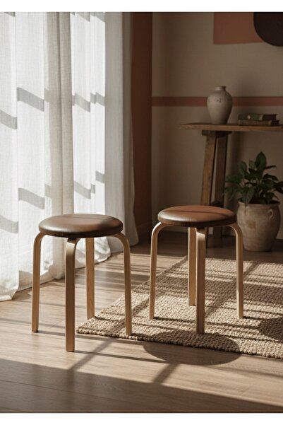 KAREN BANYO Hazar Deri Tabure, Papel Ayaklı 2 Adet Açık Kahve