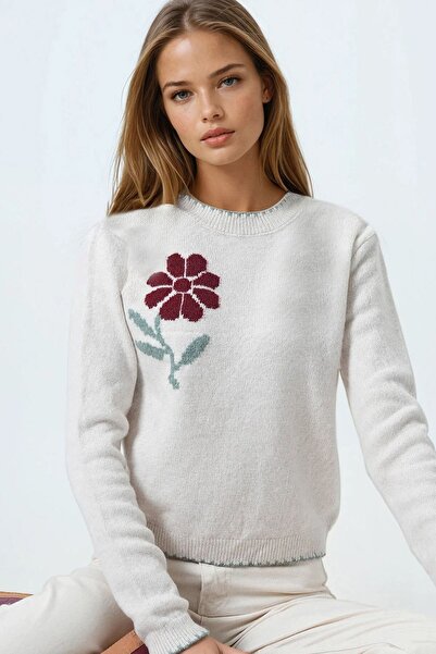 VAGGON Women's Stone Flower Detailed Crew Neck Knitwear Cardigan Vs01065