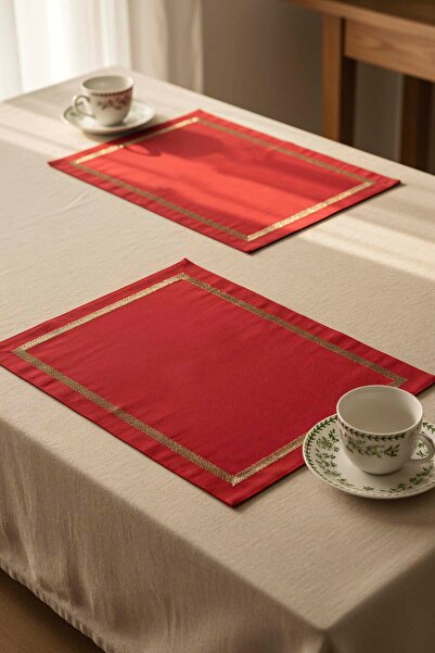 Rivaİstanbul Red Gold Frame Embroidered 2-Piece American Serving Set