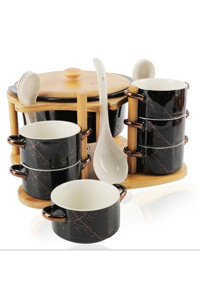 cc bin shihon 8-piece porcelain soup set with wooden stand, black marble porcelain
