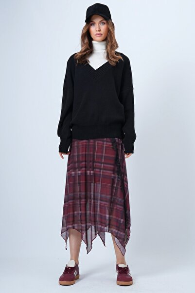 Trend Alaçatı Stili Women's Black V-Neck Wide Rib Knit Long Sleeve Sweater Knitwear Vs01323