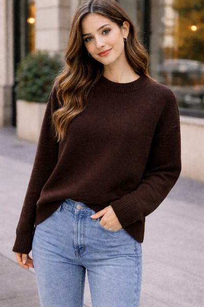 RTD&VLD Kadın Vita-260 Maviş Bisiklet Yaka Basic Triko Kazak Kahverengi