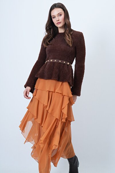 Trend Alaçatı Stili Women's Brown Long Sleeve Ruffled Knitwear Soft Sweater Vs01462