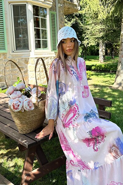 Trend Alaçatı Stili Women's Pink Color Block Judge Collar Half Placket Maxi Length Dress Vs00174