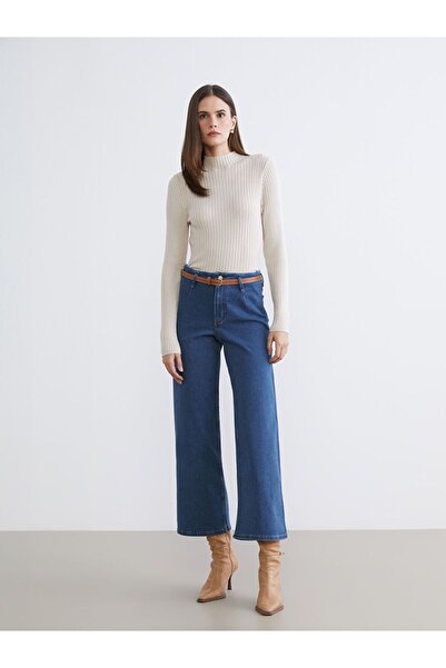 LC Waikiki Wideleg Women's Jeans Trousers with Belt on the Waist