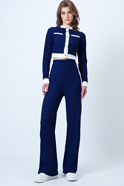 Trend Alaçatı Stili Women's Navy Blue Color Block Crop Jacket and Ottaban Pants Set Vs01179