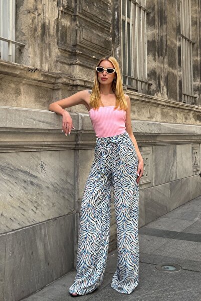 Trend Alaçatı Stili Women's Blue Patterned Elastic Waist Belted Palazzo Wide Leg Trousers Vs00953