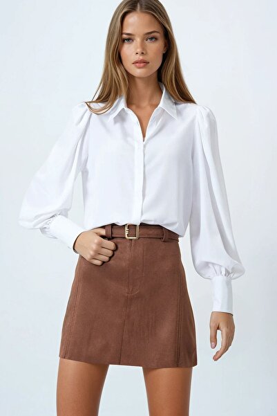 Trend Alaçatı Stili Women's Tan Gold Buckle Belted Suede Look Mini Skirt Vs00853