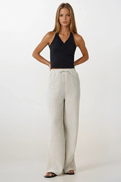 Trend Alaçatı Stili Muslină cu dungi antracit pentru femei, cu buzunare duble pantaloni palazzo VS00197