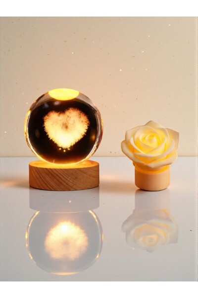 HEDİYE FİKRİ Sevgililer Günü Özel Işıklı Cam Küre & LED Güllü Lamba Seti