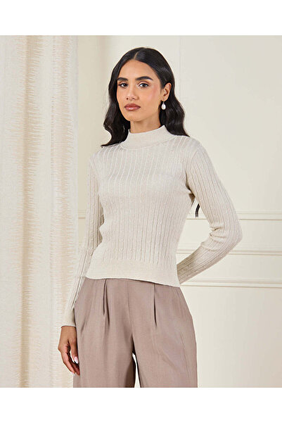 REDTAG بلوزة نسائية طويلة الأكمام محبوكة بلون عاجي