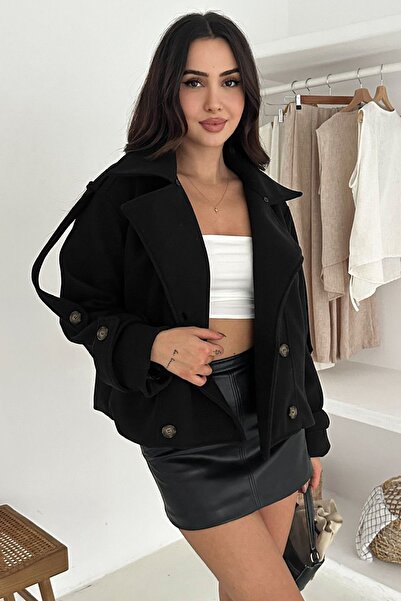 Trend Alaçatı Stili Women's Black Buttoned Sleeve Detailed Fur Collar Cashmer...